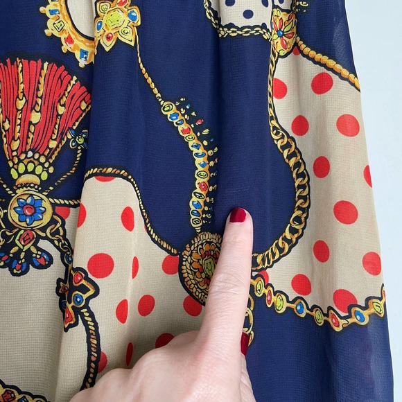 Retro Vibe Colorful Knee Length Patterned Slip Skirt Tan Navy Red 40 - Picture 3 of 9